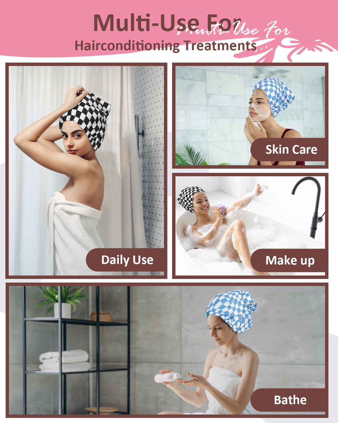 TSHELOVE Shower Cap for Women Terry Lined Bath Cap Large Reusable Waterproof Elastic Band