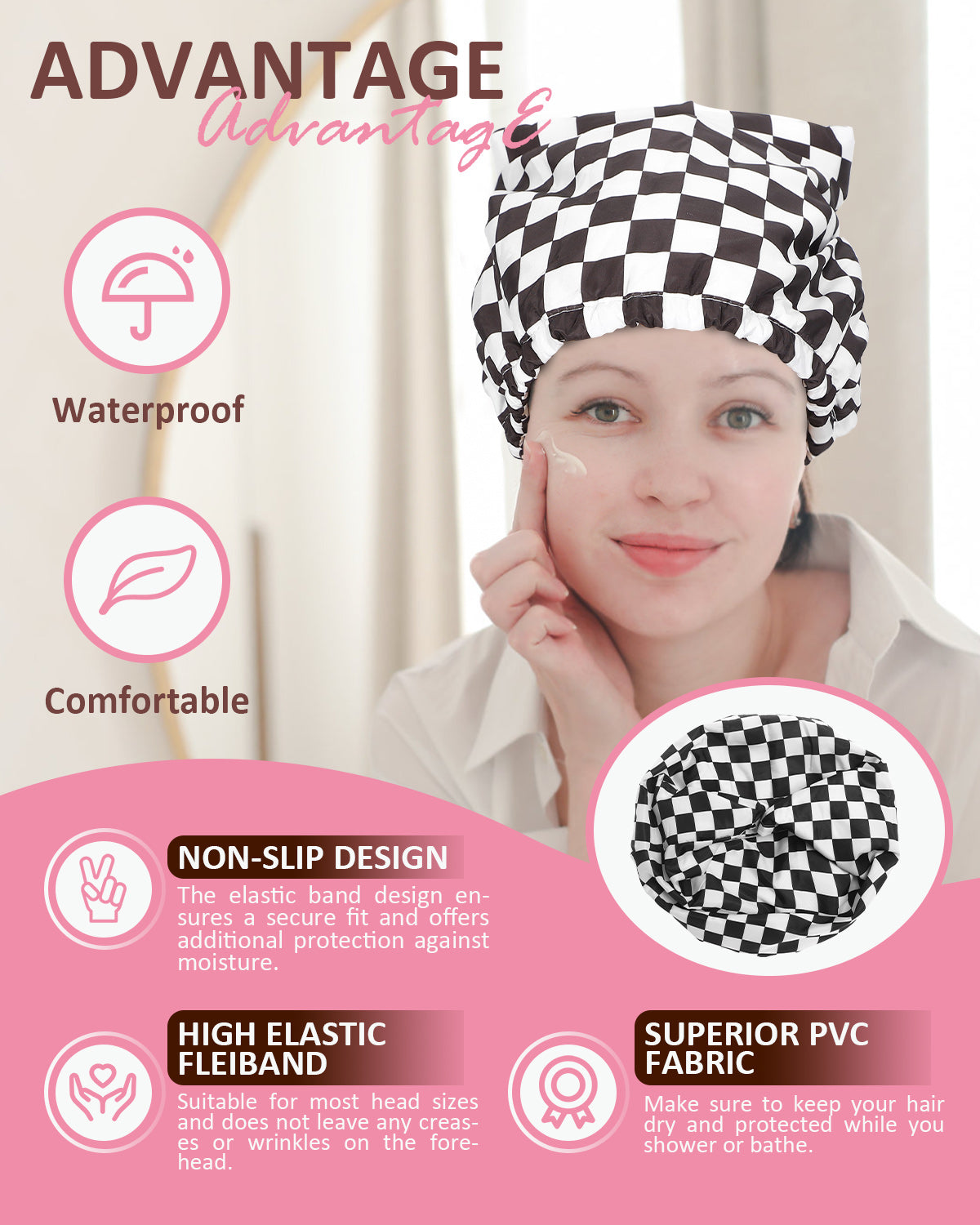 TSHELOVE Shower Cap for Women Terry Lined Bath Cap Large Reusable Waterproof Elastic Band