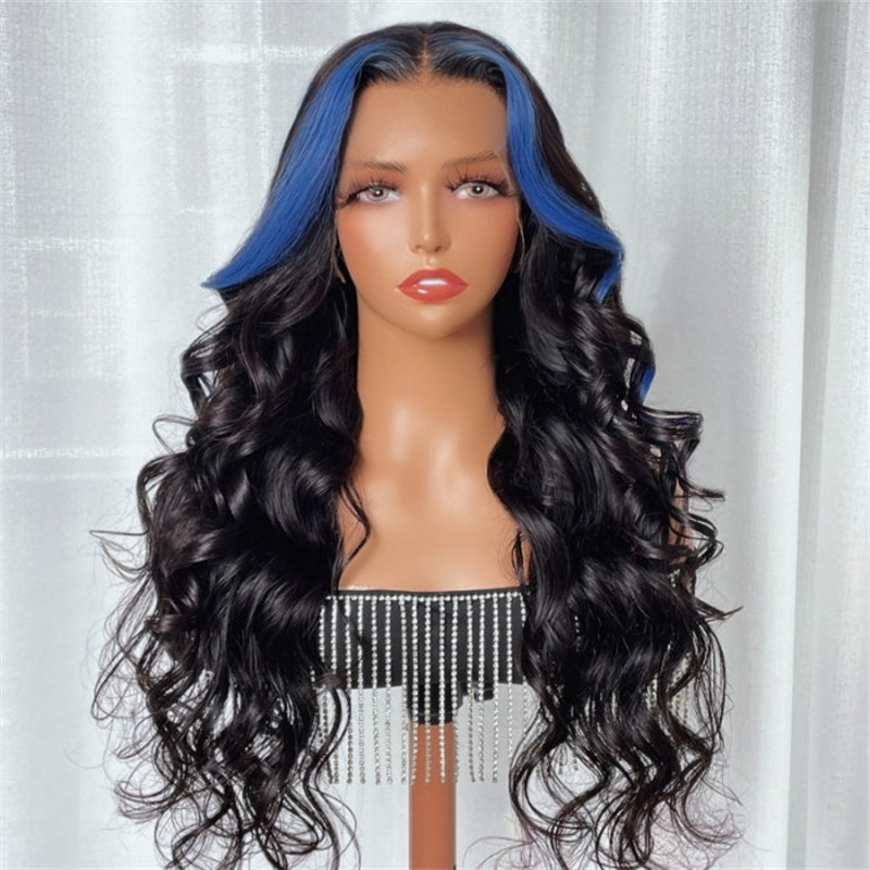 Rose Hair Black with Blue Highlights Skunk Stripe Body Wave 13×4 Lace Frontal Wig