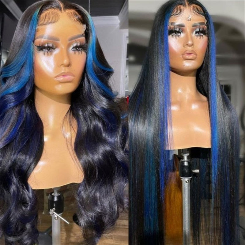 Rose Hair Black with Blue Highlights Skunk Stripe Body Wave 13×4 Lace Frontal Wig