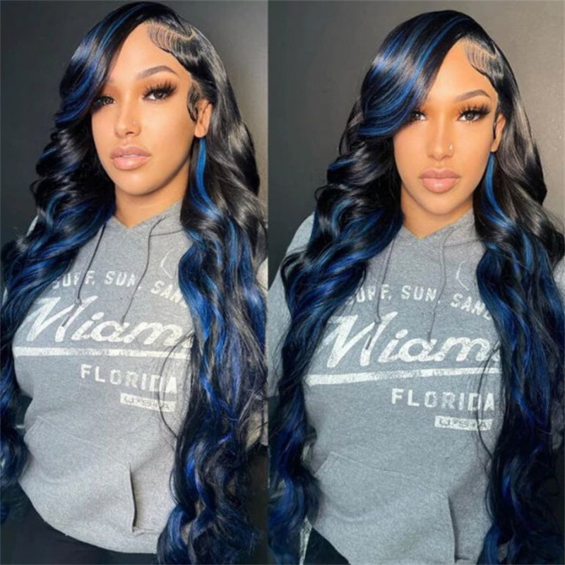 Rose Hair Black with Blue Highlights Skunk Stripe Body Wave 13×4 Lace Frontal Wig