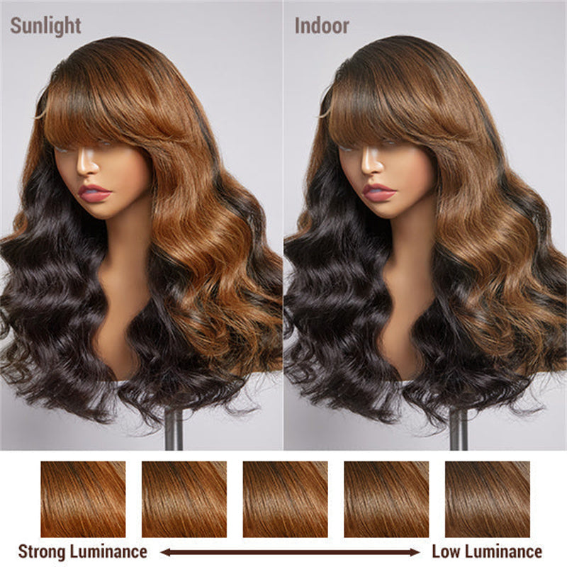 Rose Hair Brown Mix Black/Natural Black C Part Loose Wave 5x5 Lace Closure Wig With Bangs