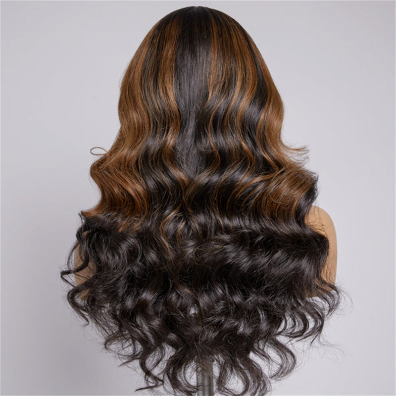 Rose Hair Brown Mix Black/Natural Black C Part Loose Wave 5x5 Lace Closure Wig With Bangs