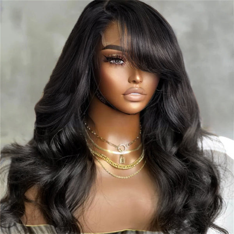 Rose Hair Brown Mix Black/Natural Black C Part Loose Wave 5x5 Lace Closure Wig With Bangs