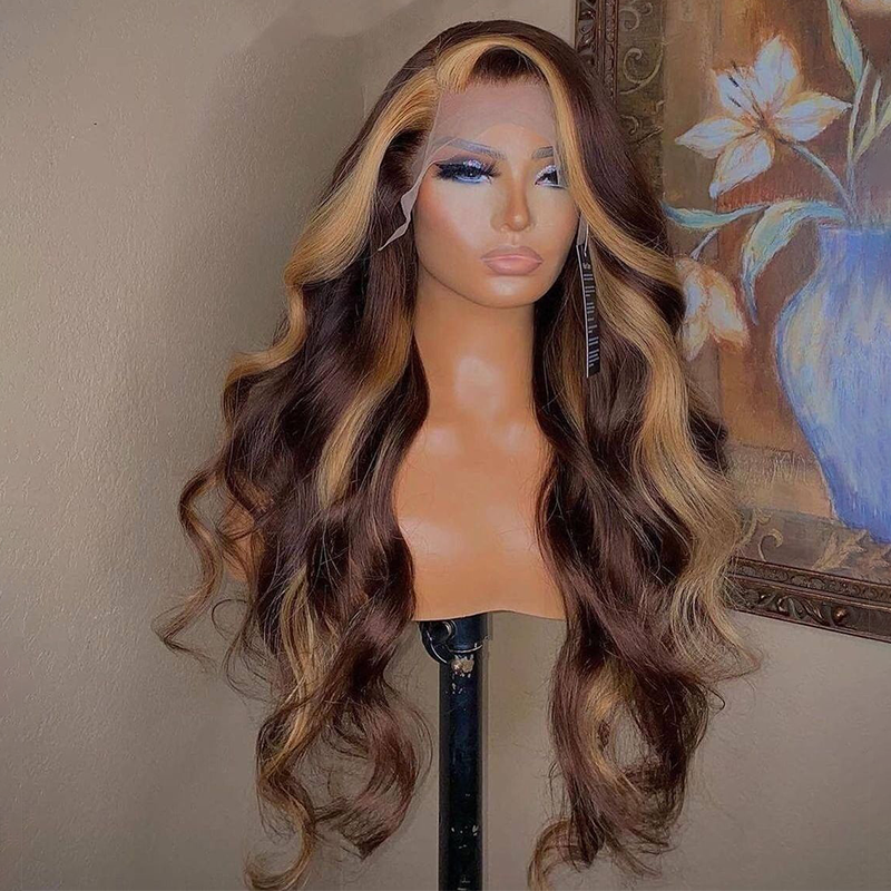 Rose Hair Chocolate Brown Skunk Stripe Straight 13*4 Transparent Lace Frontal Wig