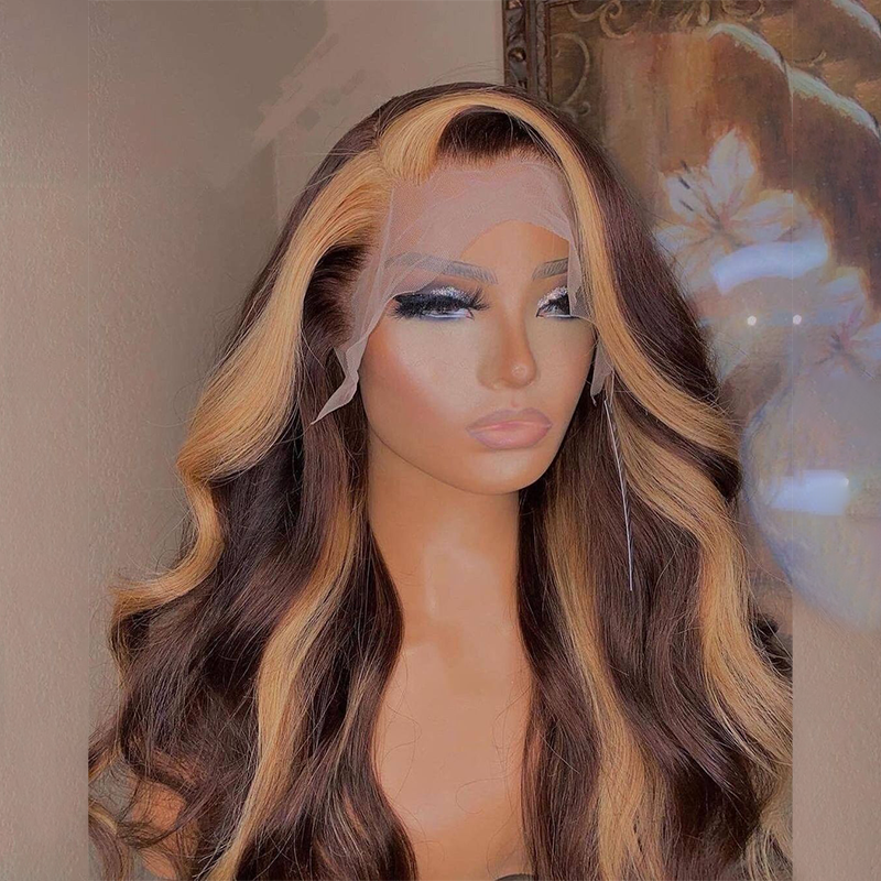 Rose Hair Chocolate Brown Skunk Stripe Straight 13*4 Transparent Lace Frontal Wig