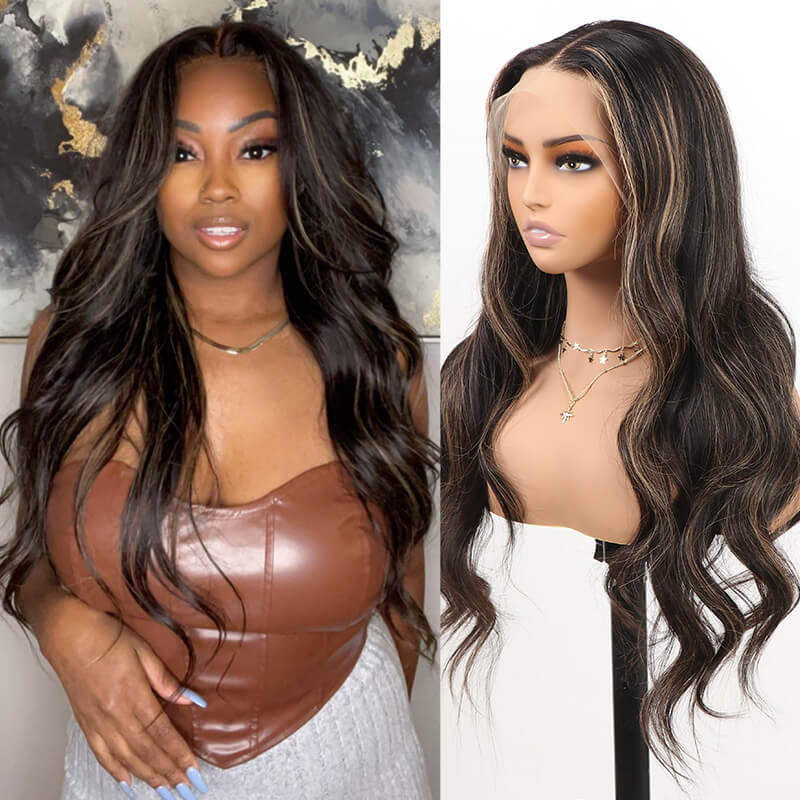 Highlight Gold Sand Colored 13x4 Lace Frontal Pre-Cut Lace Easy-Wear Wigs Body Wave/Straight Natural Hairline Human Hair Wig