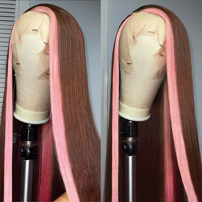 Rose Hair Strawberry Pink & Chocolate Skunk Stripe Color Wig 13*4 Lace Frontal Wig