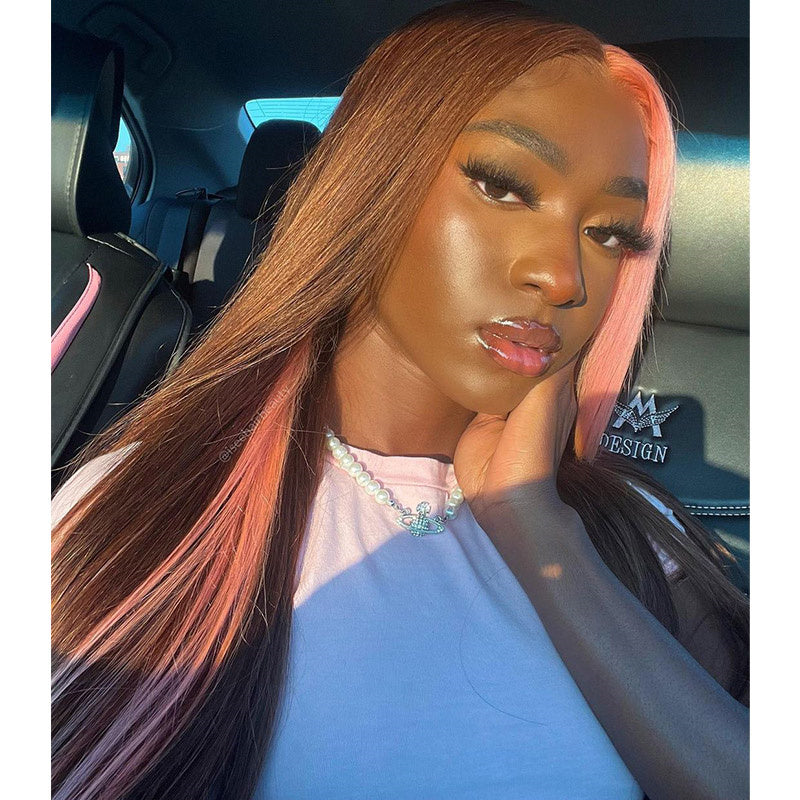 Rose Hair Strawberry Pink & Chocolate Skunk Stripe Color Wig 13*4 Lace Frontal Wig