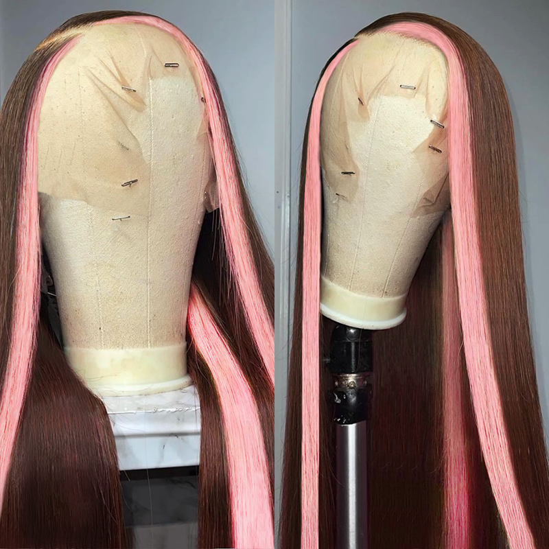 Rose Hair Strawberry Pink & Chocolate Skunk Stripe Color Wig 13*4 Lace Frontal Wig