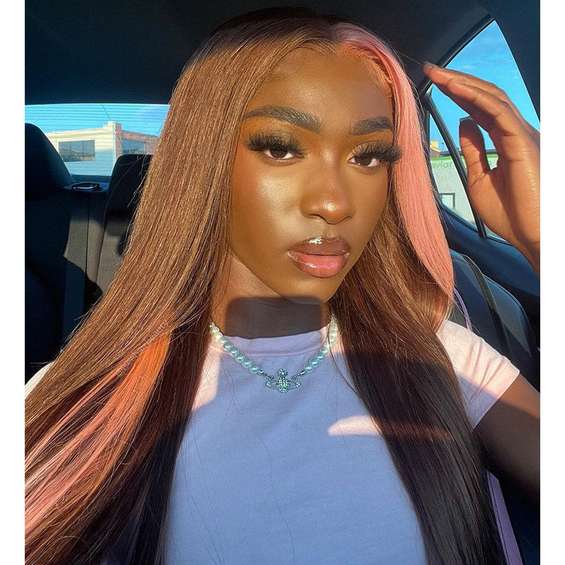 Rose Hair Strawberry Pink & Chocolate Skunk Stripe Color Wig 13*4 Lace Frontal Wig