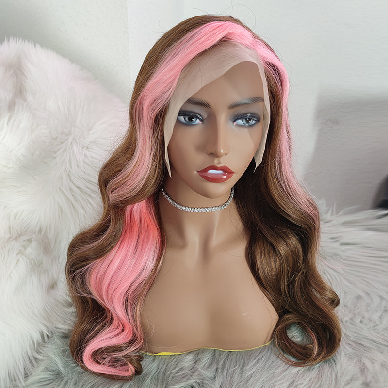 Rose Hair Strawberry Pink & Chocolate Skunk Stripe Color Wig 13*4 Lace Frontal Wig