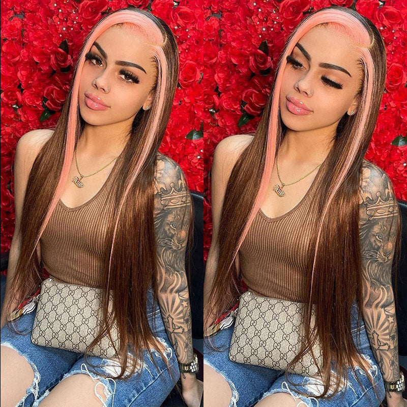 Rose Hair Strawberry Pink & Chocolate Skunk Stripe Color Wig 13*4 Lace Frontal Wig