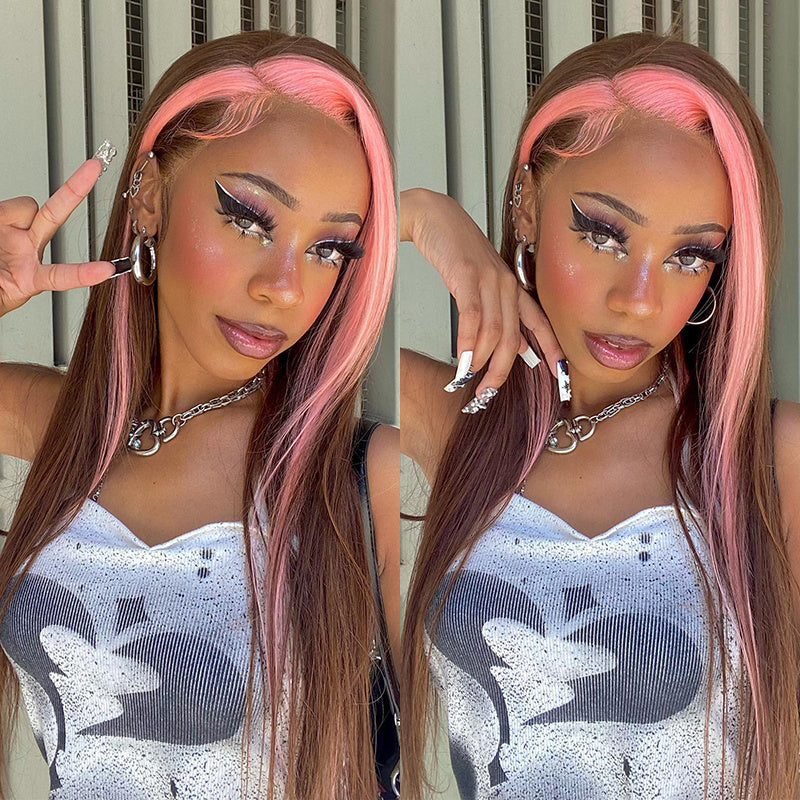 Rose Hair Strawberry Pink & Chocolate Skunk Stripe Color Wig 13*4 Lace Frontal Wig