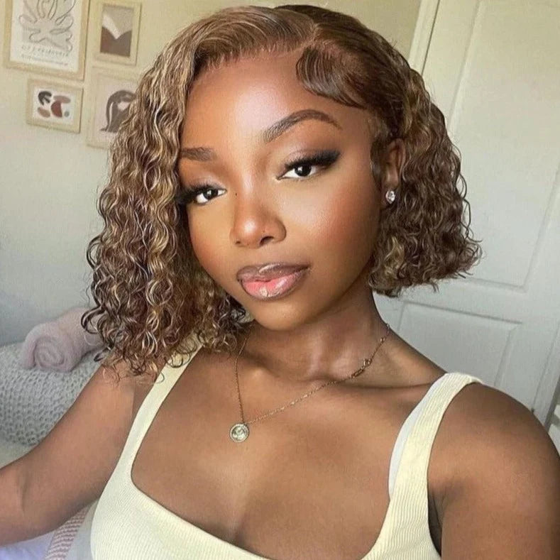 New Short Breathable Summer Pixie Style Bob Human Hair Bob Wigs With Side Part Highlight Piano Color Jerry Curly Bob Wig