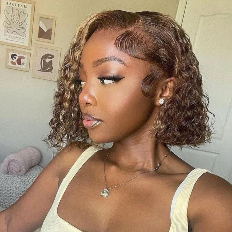 New Short Breathable Summer Pixie Style Bob Human Hair Bob Wigs With Side Part Highlight Piano Color Jerry Curly Bob Wig