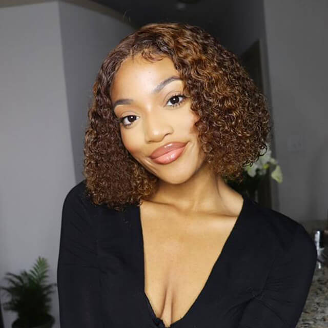 Deep Curly Bob Wig 4/27 Ombre Honey Blonde Piano Highlights Color Wig Bouncy Curly T Part Human Hair Wigs