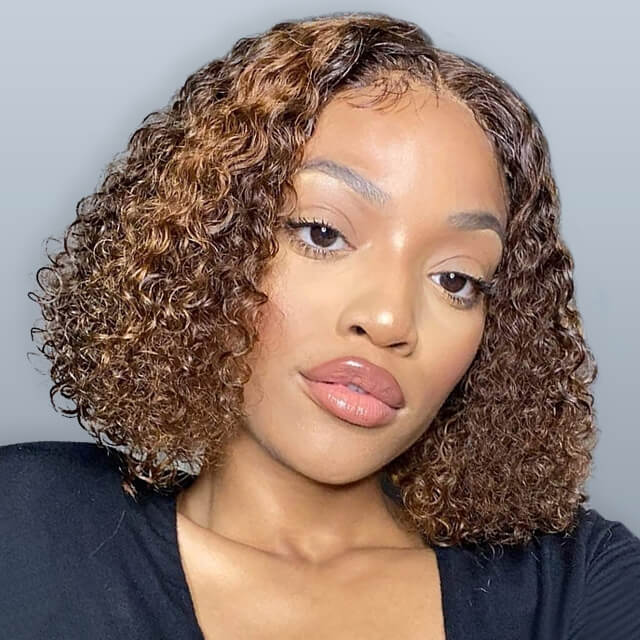 Deep Curly Bob Wig 4/27 Ombre Honey Blonde Piano Highlights Color Wig Bouncy Curly T Part Human Hair Wigs