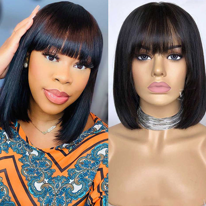 RoseHair 15A Brazilian Straight Hair Human Hair Wig Bob Wig With Free Part Bangs Machine Made Glueless Breathable Wig Supper Soft Affordable - Rose Hair