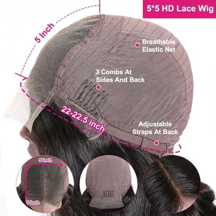 Rose Hair Body Wave 5x5 HD Invisible Lace Closure Wigs Glueless Wigs Melted All Skin Human Hair