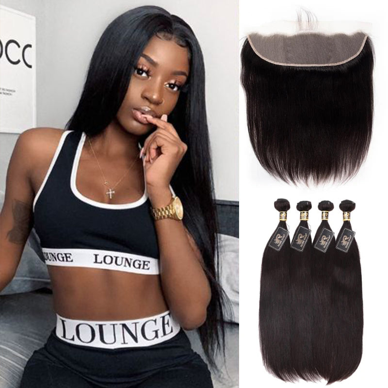 10A Grade Brazilian 4 Bundles Straight Human Virgin Hair With 13x4 Lace Frontal Pre Plucked - Rose Hair