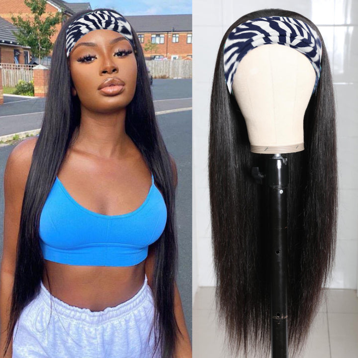 RoseHair Straight Hair Headband Wig Glueless Human Hair Wig With Pre-attached Scarf Half Wig 150% Density - Rose Hair