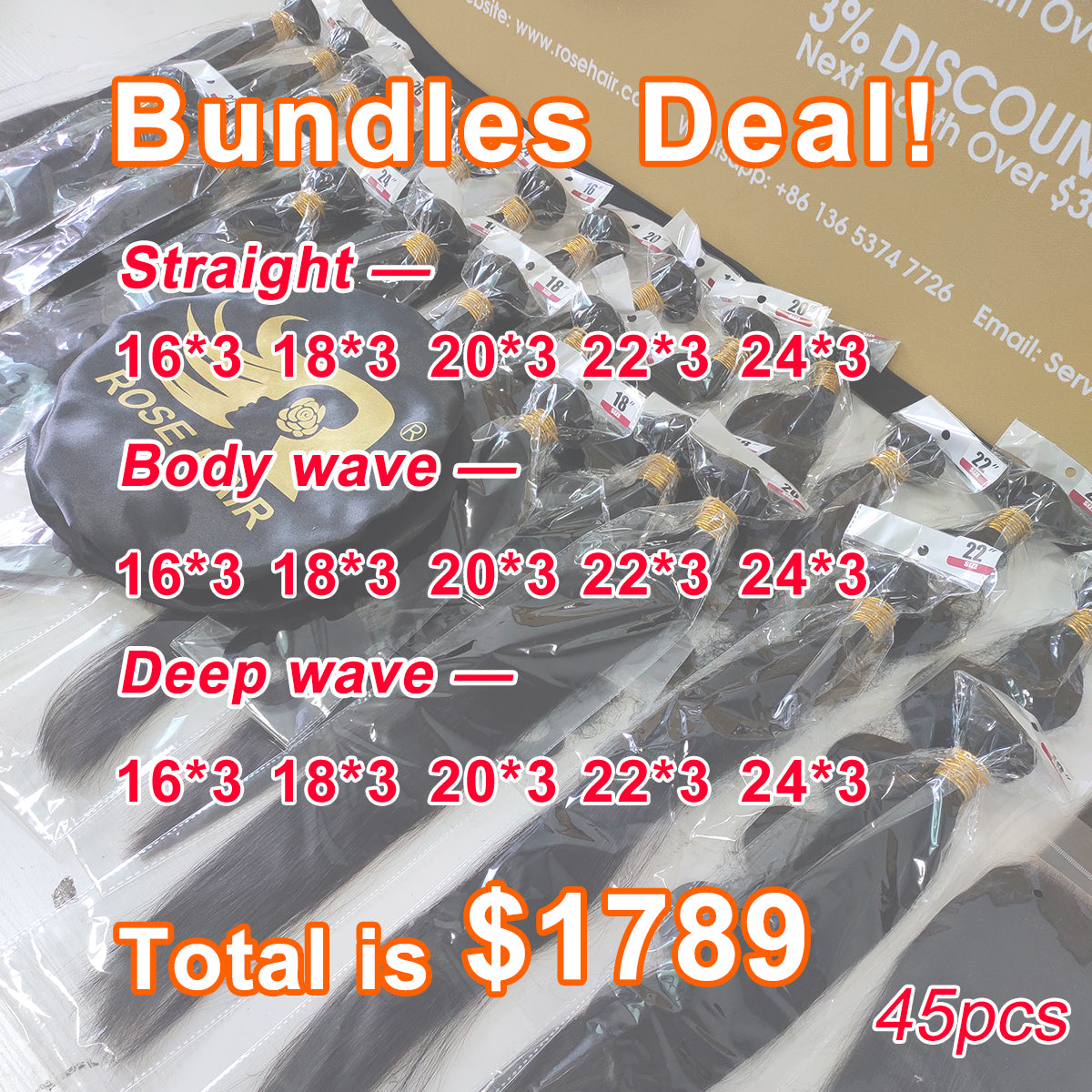 10A Grade Hair Bundles 45pcs Package Deal - Rose Hair