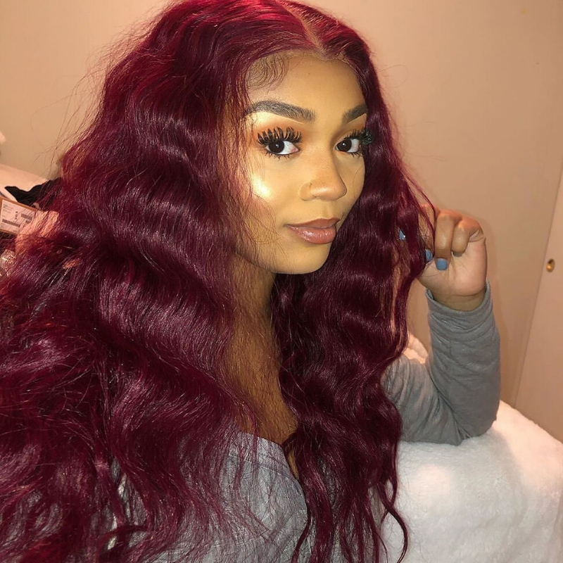 Rose Hair Human Virgin Hair Burgundy Red Color Lace Frontal Wig Body Wave Wig - Rose Hair