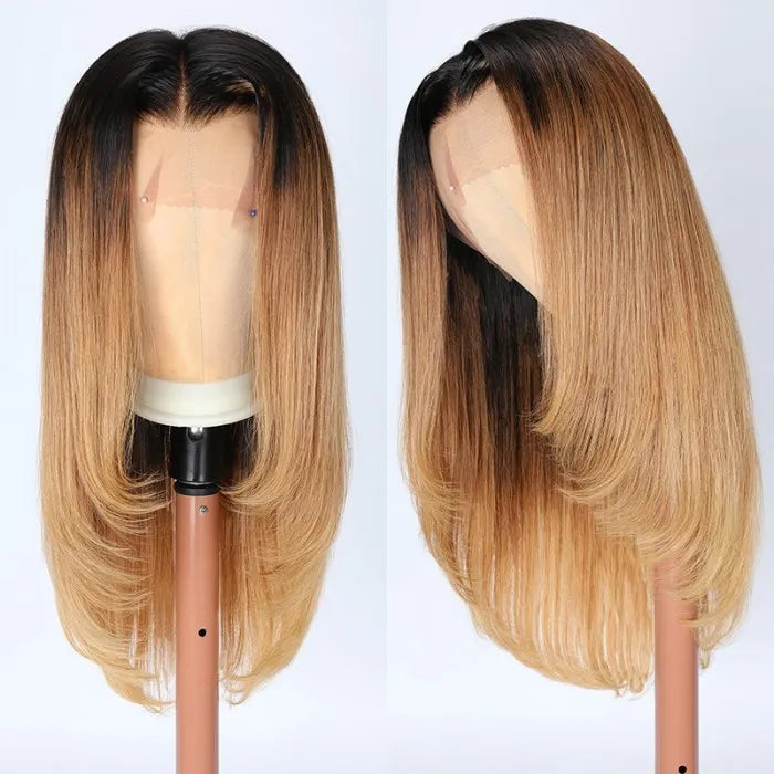 Ombre Honey Blonde Dark Roots Straight Human Hair Layered 13x4 Lace Front Wigs Rose Hair