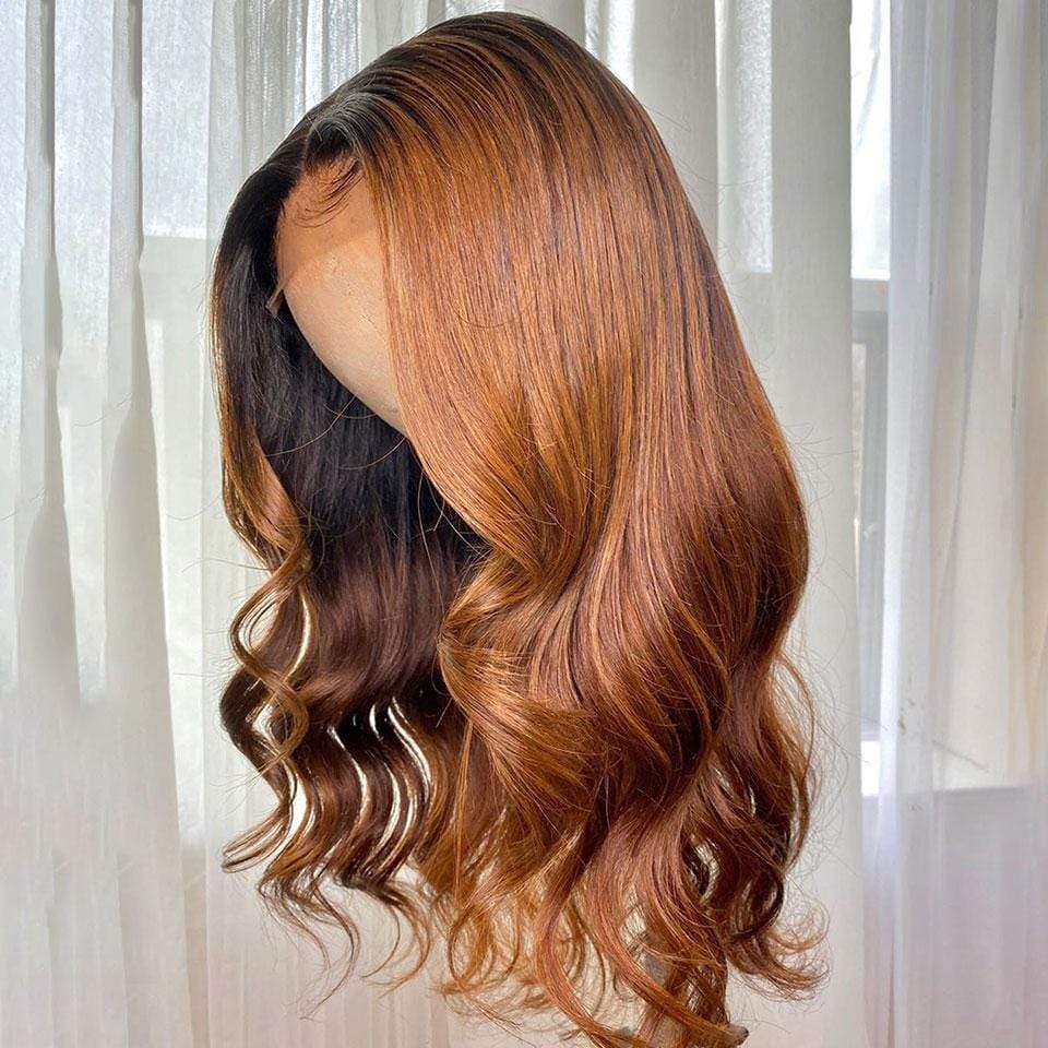 Rose Hair Black Roots Ombre Warm Chocolate Brown Body Wave Lace Frontal Wig - Rose Hair