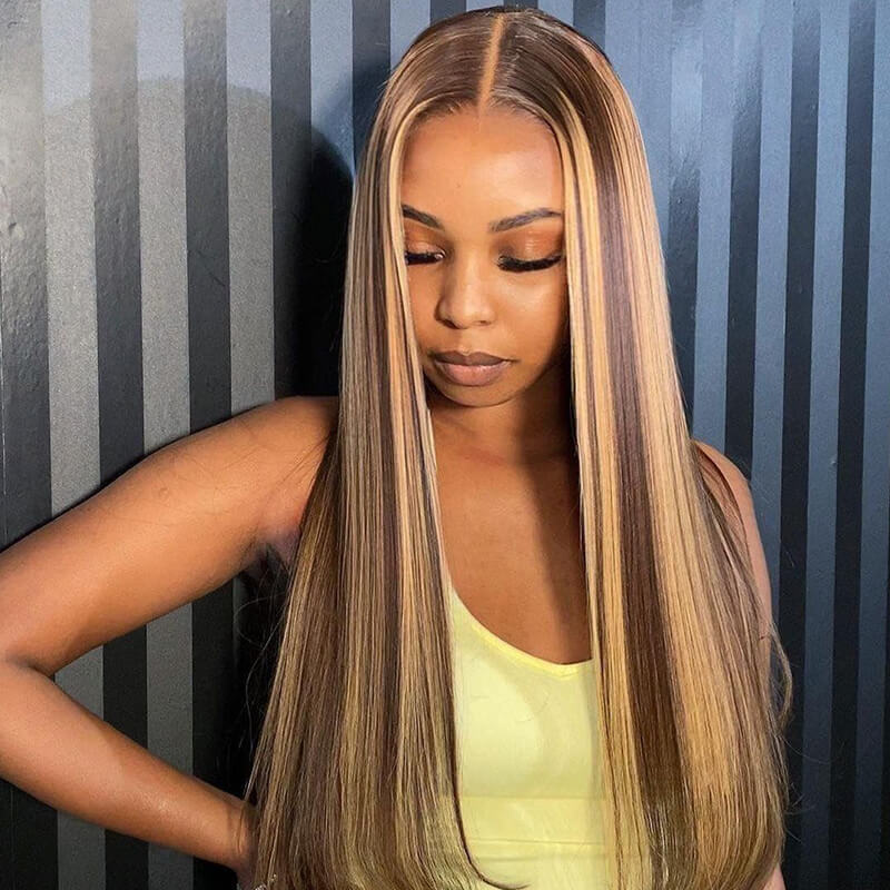 5x5 HD Lace Closure Straight Wig Honey Blonde Piano Highlights Human Hair Wigs