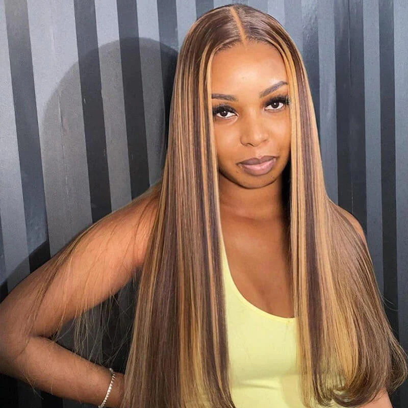 5x5 HD Lace Closure Straight Wig Honey Blonde Piano Highlights Human Hair Wigs