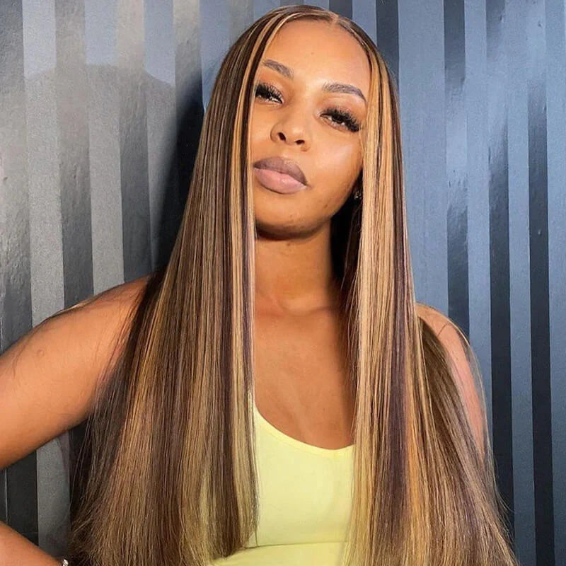 5x5 HD Lace Closure Straight Wig Honey Blonde Piano Highlights Human Hair Wigs