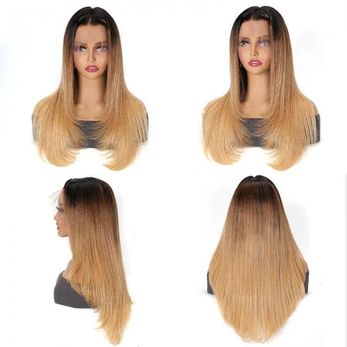 Ombre Honey Blonde Dark Roots Straight Human Hair Layered 13x4 Lace Front Wigs Rose Hair