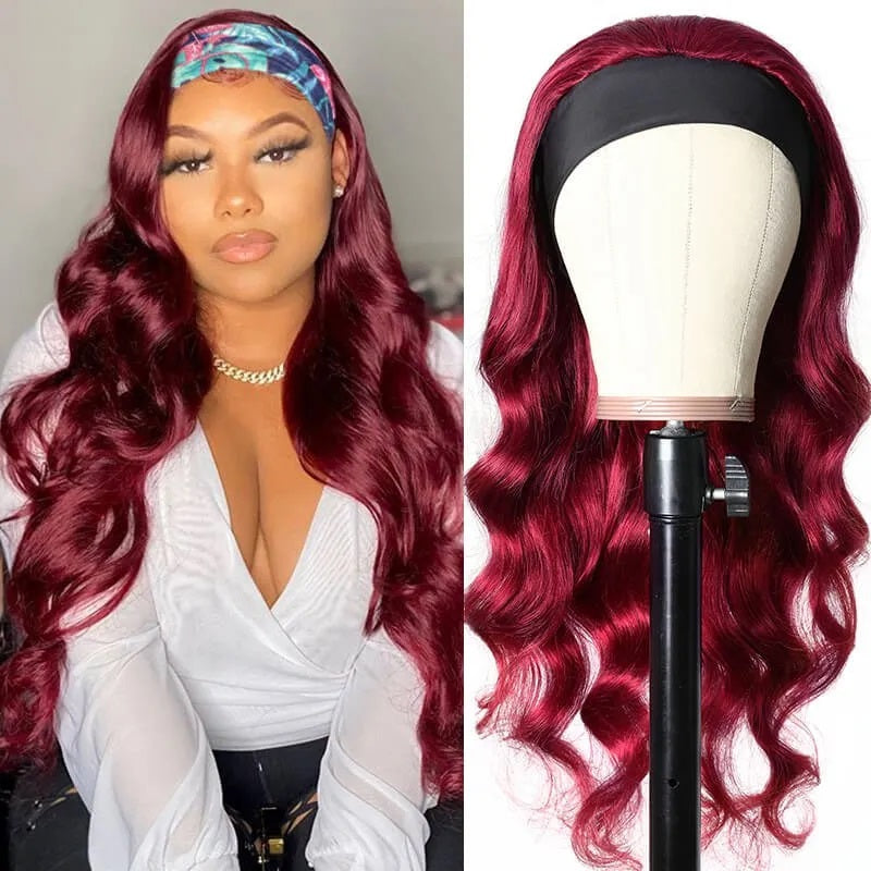 Rose Hair Burgundy Red Color Body Wave Headband Wig Human Virgin Hair Easily Install