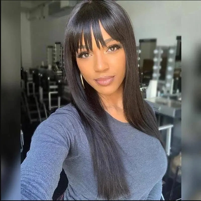 RoseHair 15A Brazilian Straight Hair Human Hair Wig With Free Part Bangs Machine Made Glueless Breathable Wig Supper Soft Affordable - Rose Hair
