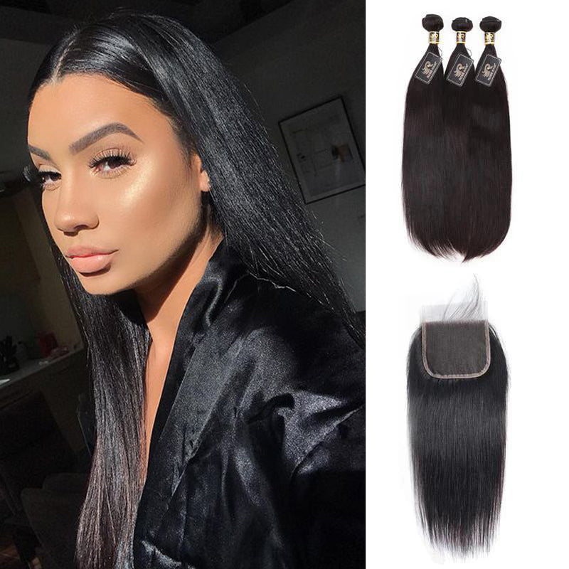 Rosehair 10A Grade Brazilian Straight 3 Bundles Virgin Hair With 4*4 Lace Closure - Rose Hair