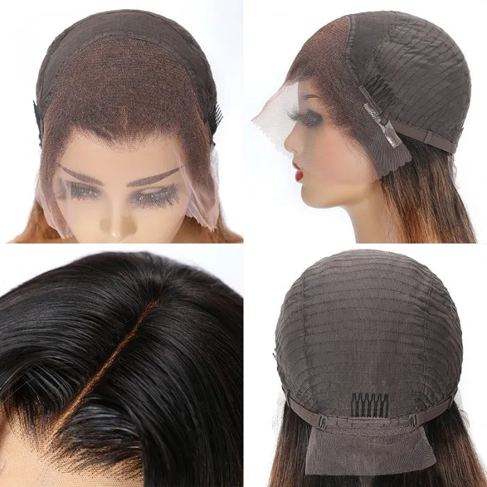 Ombre Honey Blonde Dark Roots Straight Human Hair Layered 13x4 Lace Front Wigs Rose Hair
