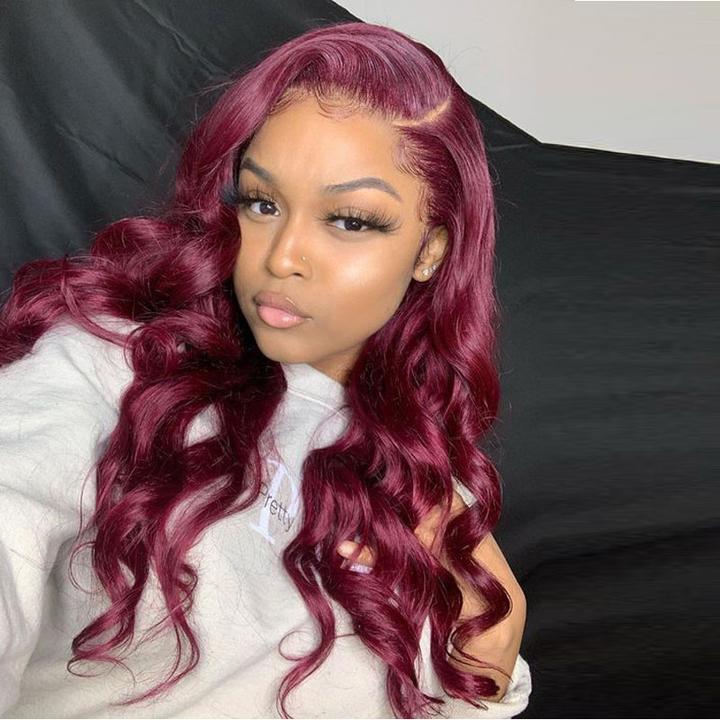 Rose Hair Human Virgin Hair Burgundy Color Hair Lace Frontal Loose Wave Wig - Rose Hair
