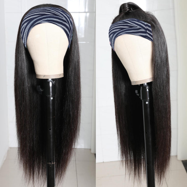 RoseHair Straight Hair Headband Wig Glueless Human Hair Wig With Pre-attached Scarf Half Wig 150% Density - Rose Hair
