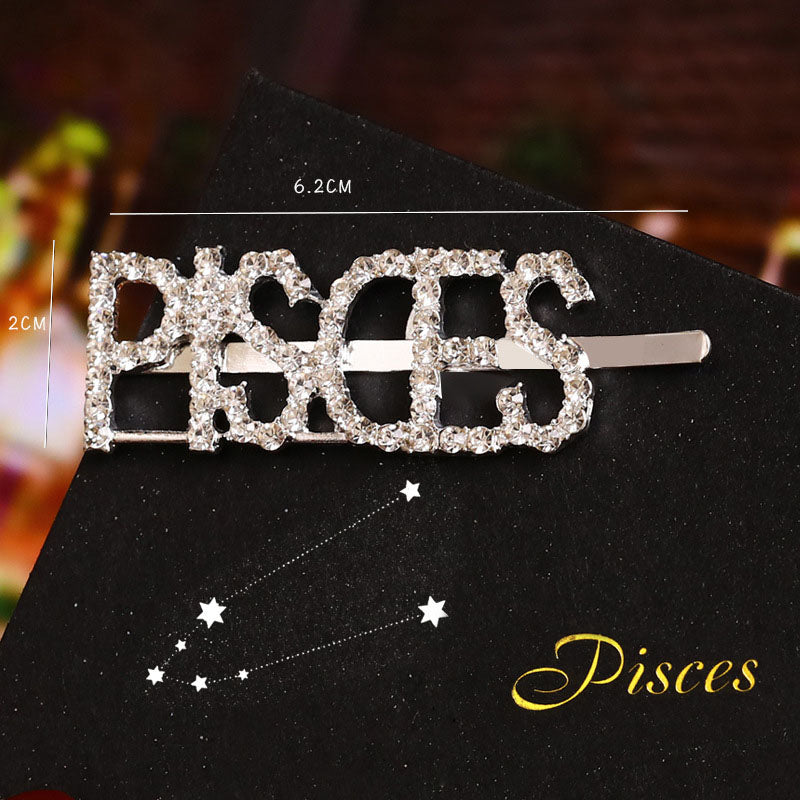 Twelve Constellations Fashion Rhinestone Letter Bobby Pin, Word Crystal Hair pin, Metal Hair Clips, Sparkly Hair Accessories for Women - Rose Hair