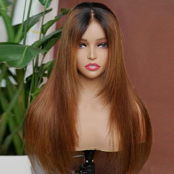 Rose Hair Ombre Hair 1B/28 Brown With Dark Roots Straight Layered Hair Lace Wigs
