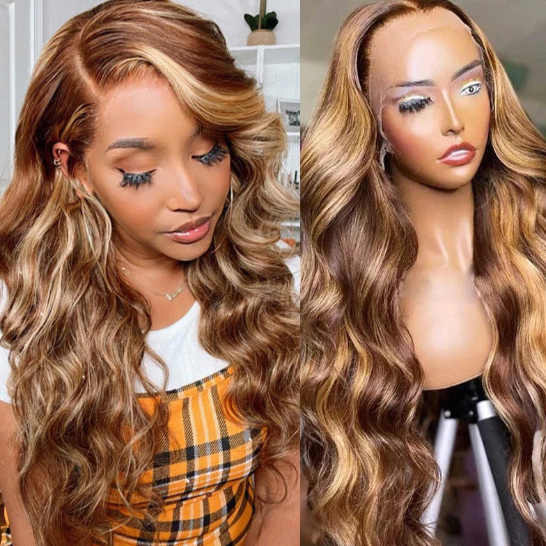 13x4 HD Lace Front Body Wave Wig Honey Blonde Piano Highlights Human Hair Wigs Free Part