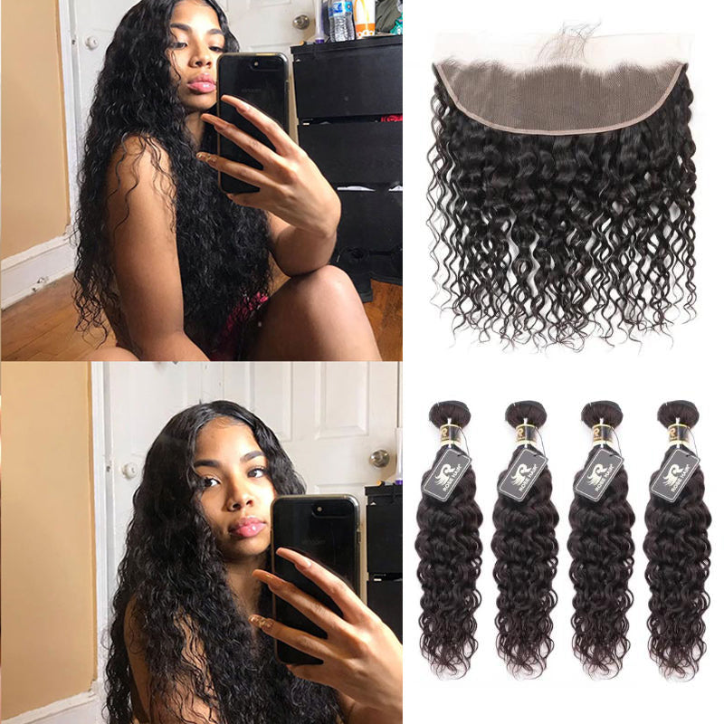 10A Grade Brazilian 4 Bundles Water Wave Human Virgin Hair With 13x4 Lace Frontal Pre Plucked - Rose Hair