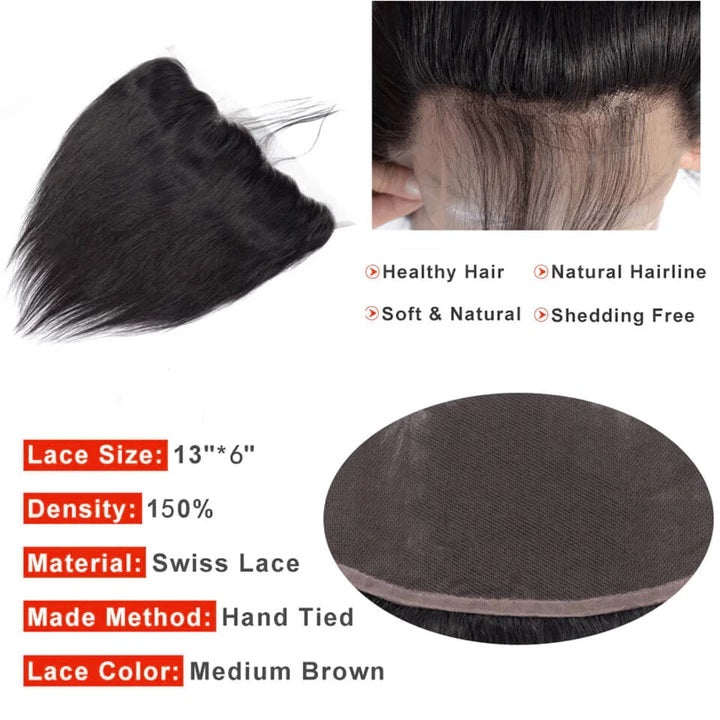 10A Grade Straight Pre Plucked 13x6 Lace Frontal with 3 Bundles Best Brazilian Virgin Hair - Rose Hair