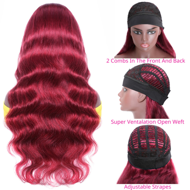 Rose Hair Glueless Headband Wig Human Virgin Hair Burgundy Red Color Hair Body Wave Wig Easily Install - Rose Hair