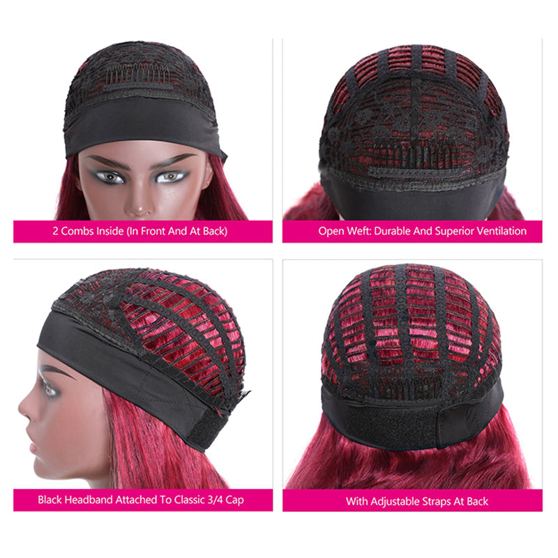 Rose Hair Glueless Headband Wig Human Virgin Hair Burgundy Red Color Hair Straight Wig Easily Install - Rose Hair