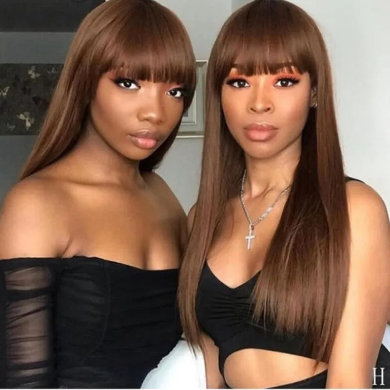 Dark Brown Color Glueless Wigs With Bang Straight Hair Fall Color Wig Series 100% Human Hair