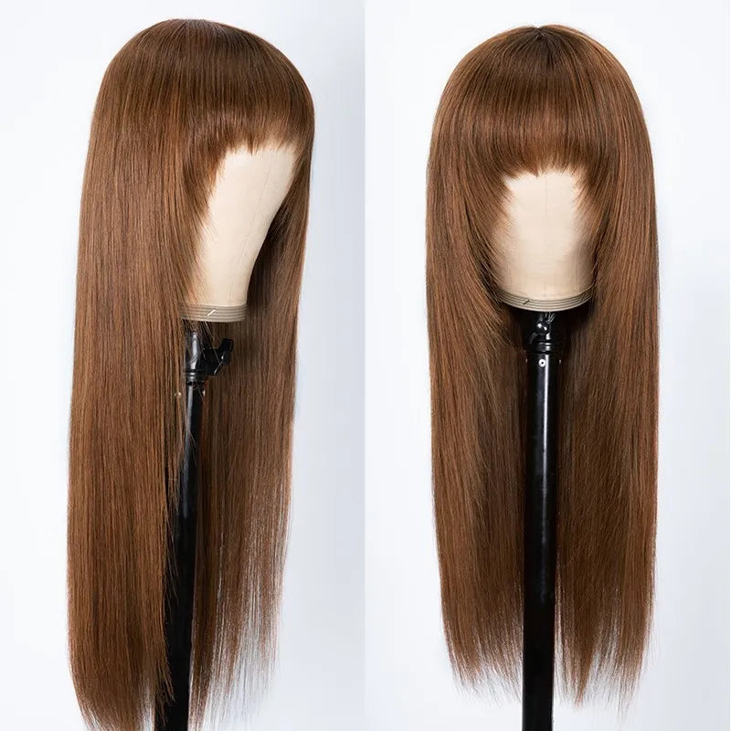 Dark Brown Color Glueless Wigs With Bang Straight Hair Fall Color Wig Series 100% Human Hair