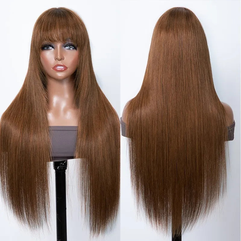 Dark Brown Color Glueless Wigs With Bang Straight Hair Fall Color Wig Series 100% Human Hair